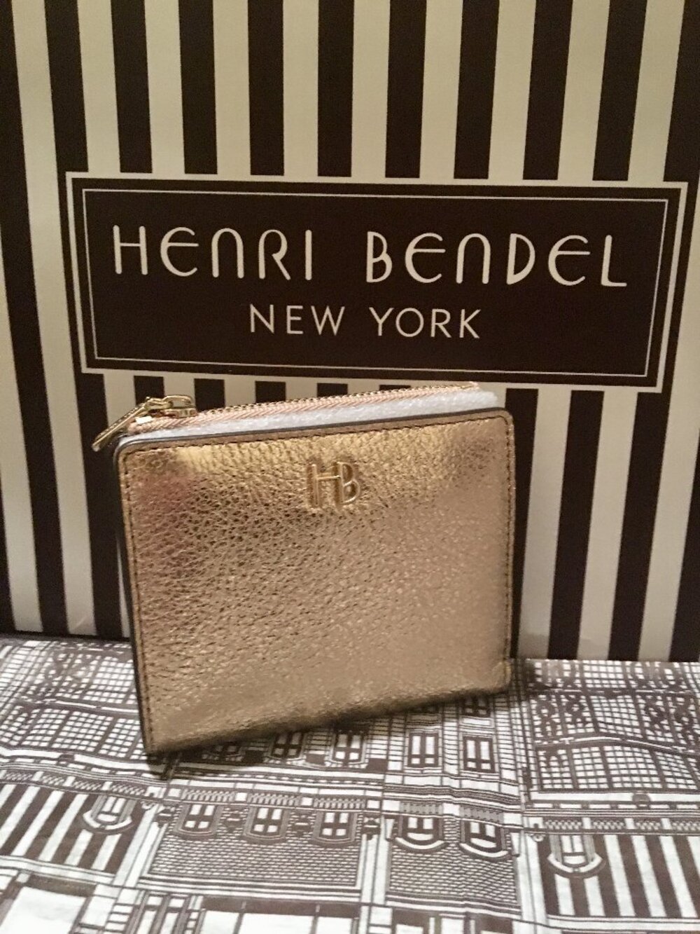Henri Bendel Gold Leather Wallet with Black and White Stripes Accent